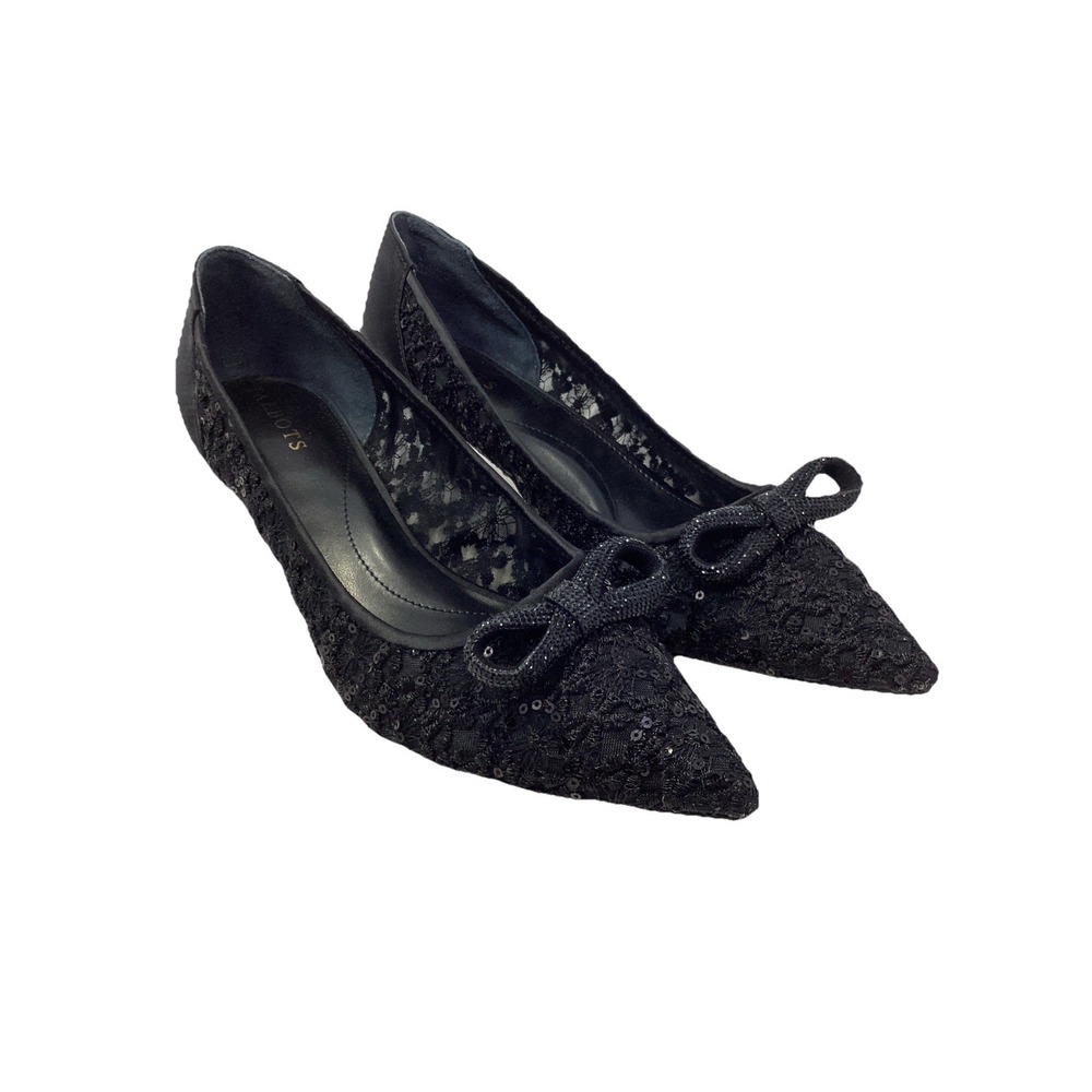 TALBOTS Black Lace Sequin Sylvie Bow Kitten Heel Pumps 8.5 Leather Soles